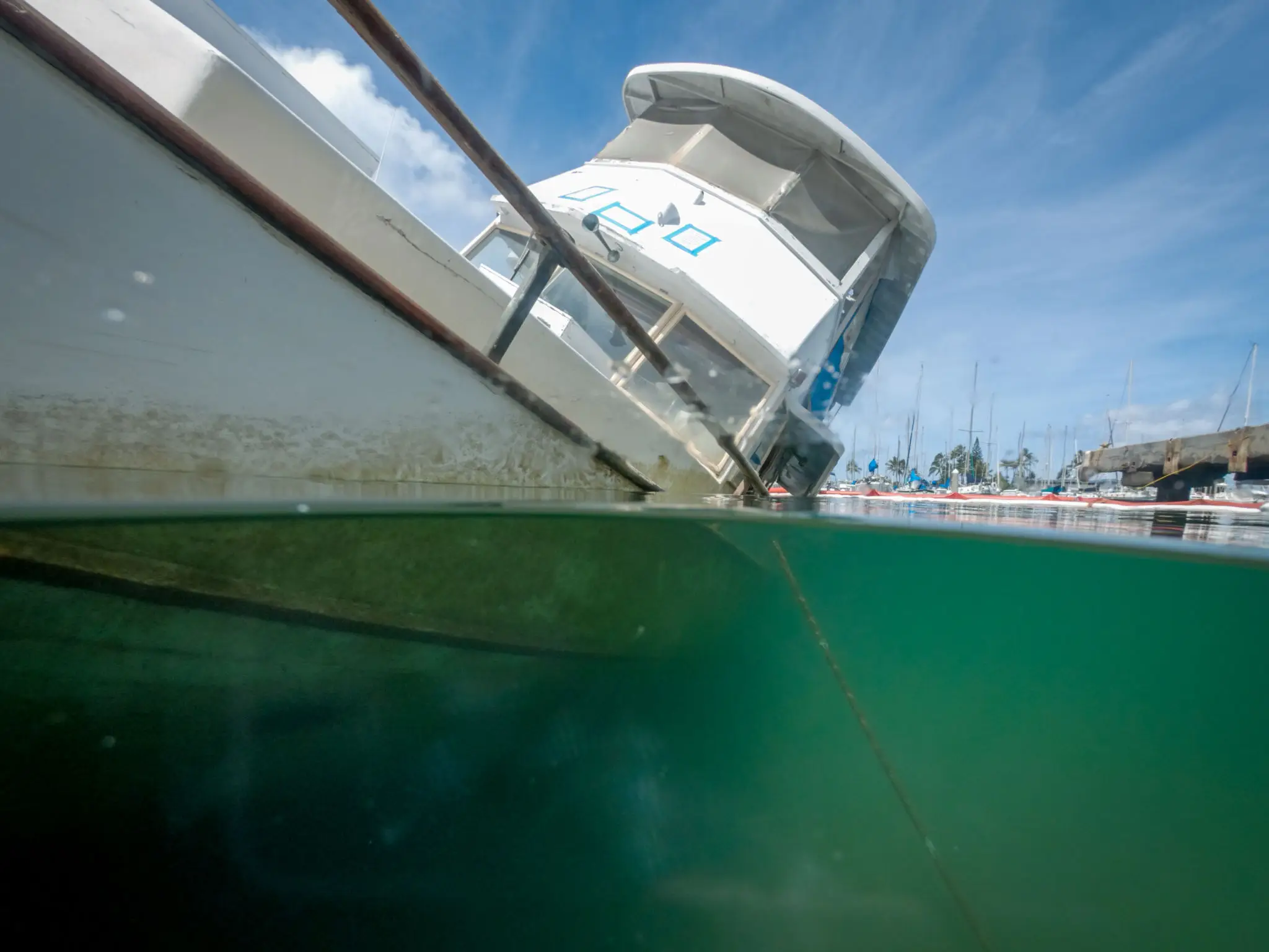 Boat partially submerged in water under a clear sky.